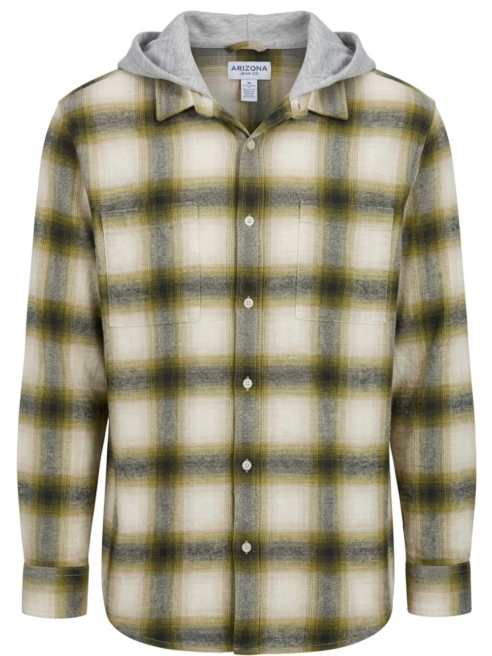 Arizona Jean Company Olive & Cream Plaid Hooded Shirt Jacket